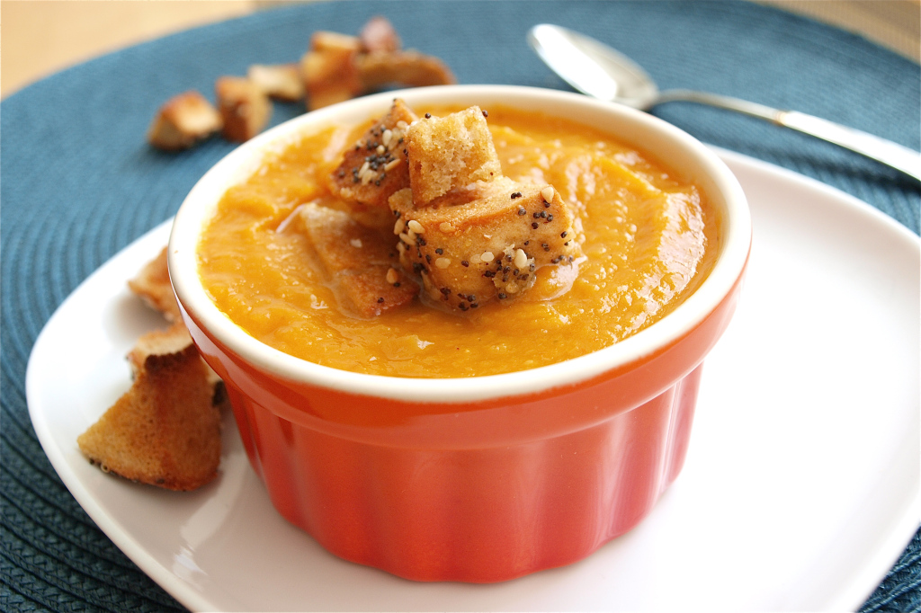 The Easiest Pumpkin Soup, with Maple Bagel Croutons Shockingly Healthy